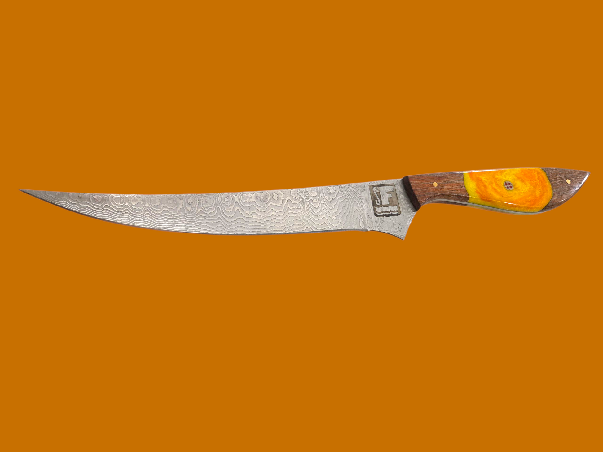 Something's Fishy Branded 
14" Stainless steel Damascus Fillet knife twist pattern 256 layers with full tang, orange and yellow swirl resin on wood handle with mosaic pin.